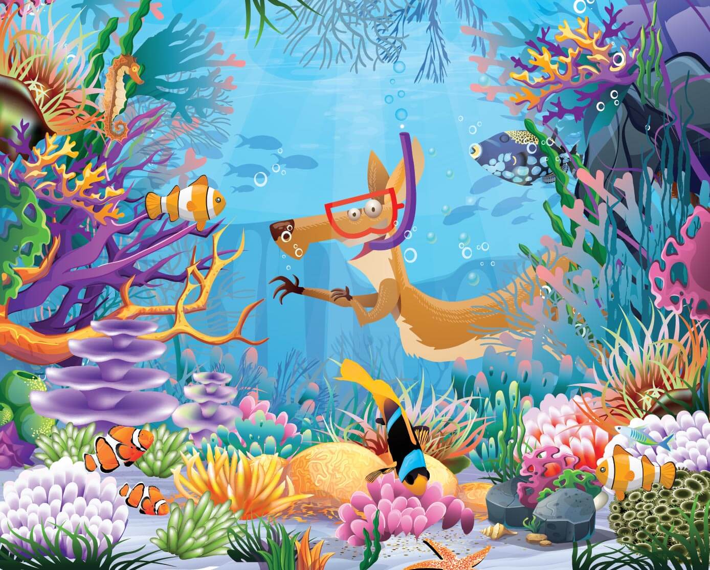 Jumpy équipé d'un masque et d'un tuba nageant parmi ses amis au sein d'un récif coralien