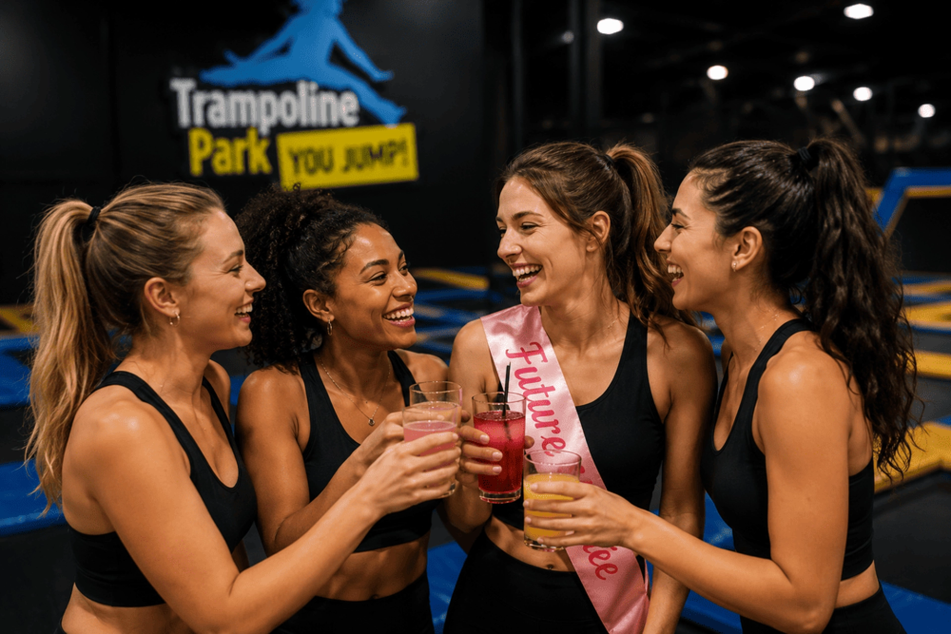 Groupes de filles souriants dans un parc de trampoline pour un EVJF