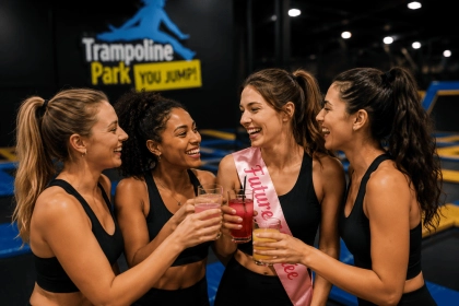 Groupes de filles souriants dans un parc de trampoline pour un EVJF