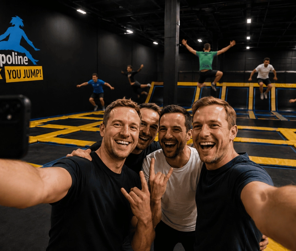 Selfie hommes pour un EVG dans une salle de trampolines