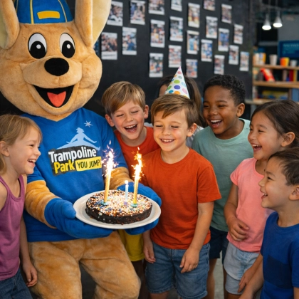 Anniveraire enfant, mascotte apporte le gateau