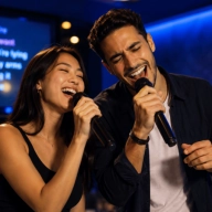 une femme et un homme chantent ensemble karaoké