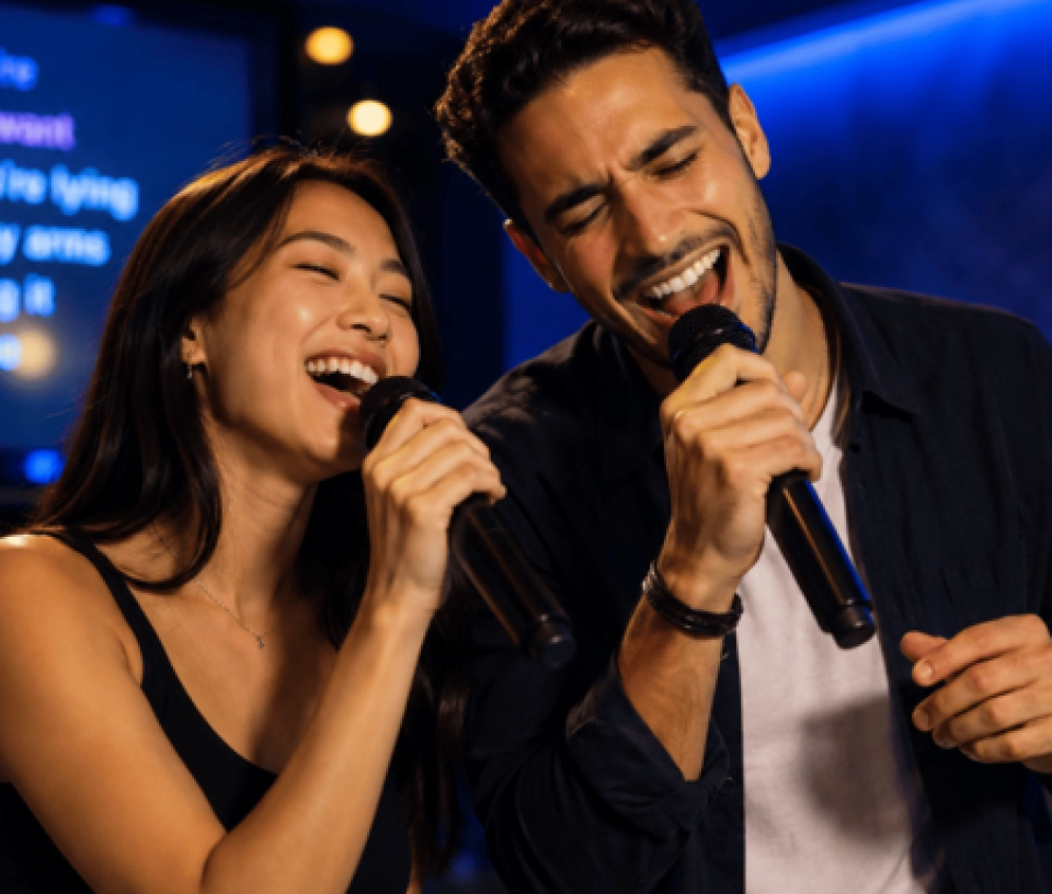 une femme et un homme chantent ensemble karaoké