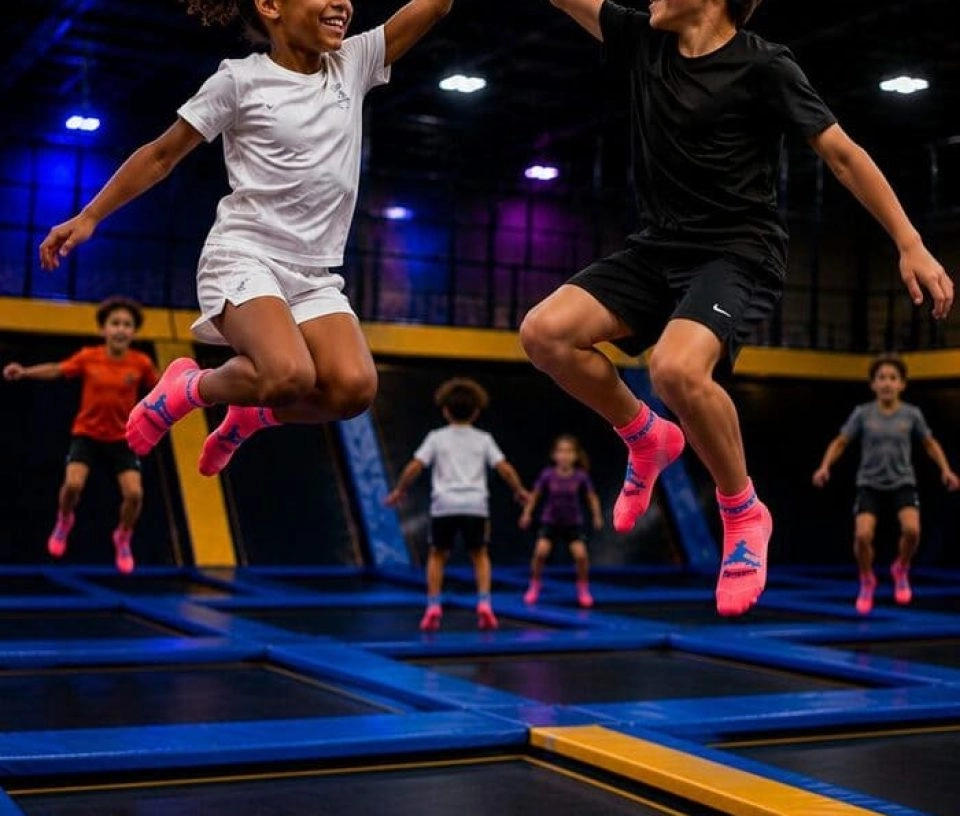 check dans les airs entres copains dans un trampoline park (portrait)