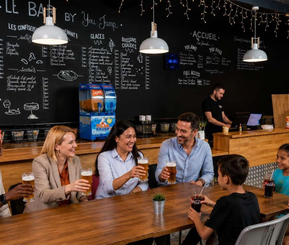 parents et enfants qui prennent un verre / boisson au snack