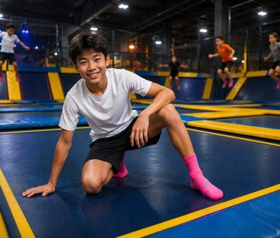 jeune sur le trampoline grand sourire