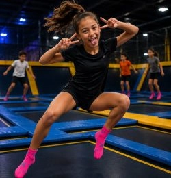 une fille saute sur un trampoline et fait une grimace (portrait)
