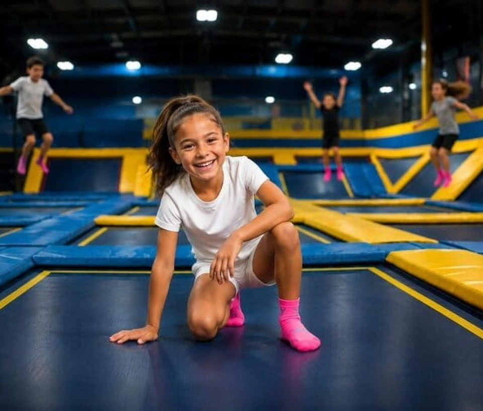 une petite fille rigole et prend la pause sur un trampoline park