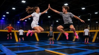 check dans les airs entres copains dans un trampoline park