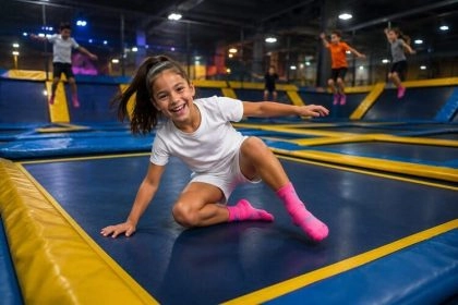 une petite fille rigole et prend la pause sur un trampoline park