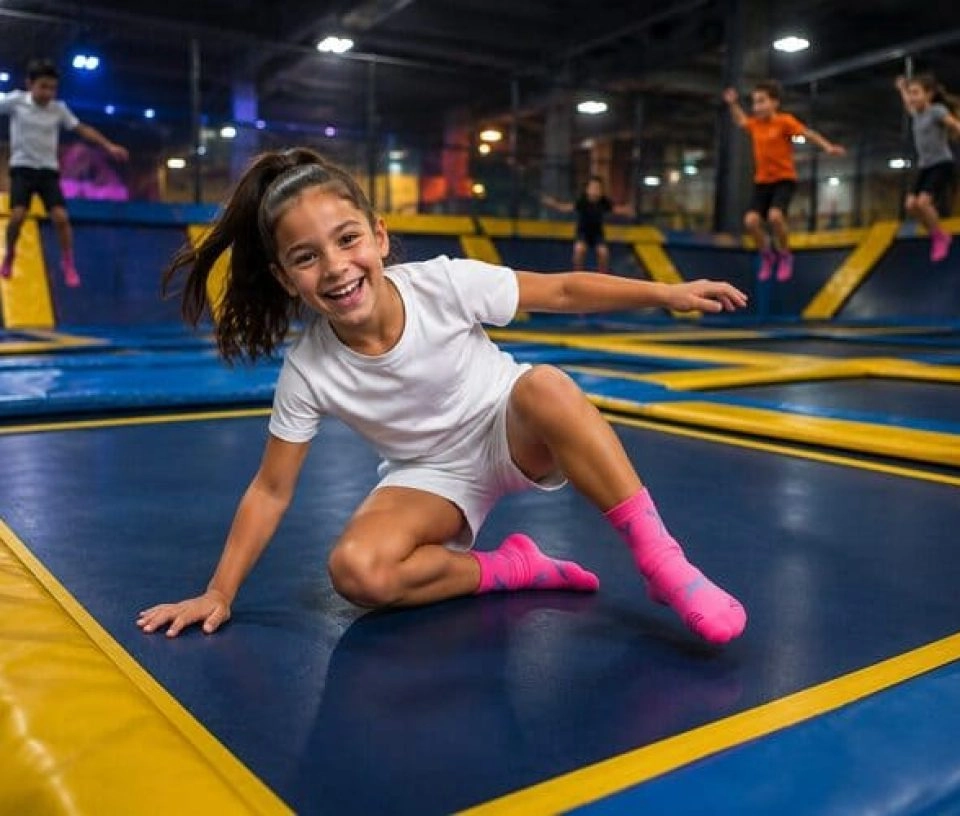 une petite fille rigole et prend la pause sur un trampoline park