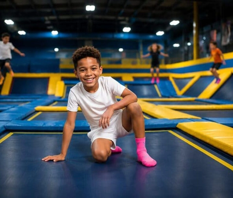 un garçon métisse prend la pause assis sur un trampoline bleu et jaune