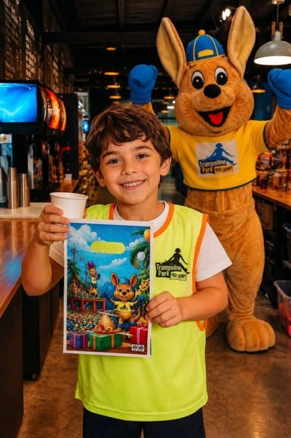 petit garçon avec pochettes surprises pour les enfants lors des anniversaires chez trampoline park (portrait)