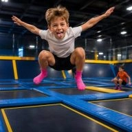 un petit garçon saute dans les airs et fait une grimace en faisant l'avion sur un trampoline park you jump