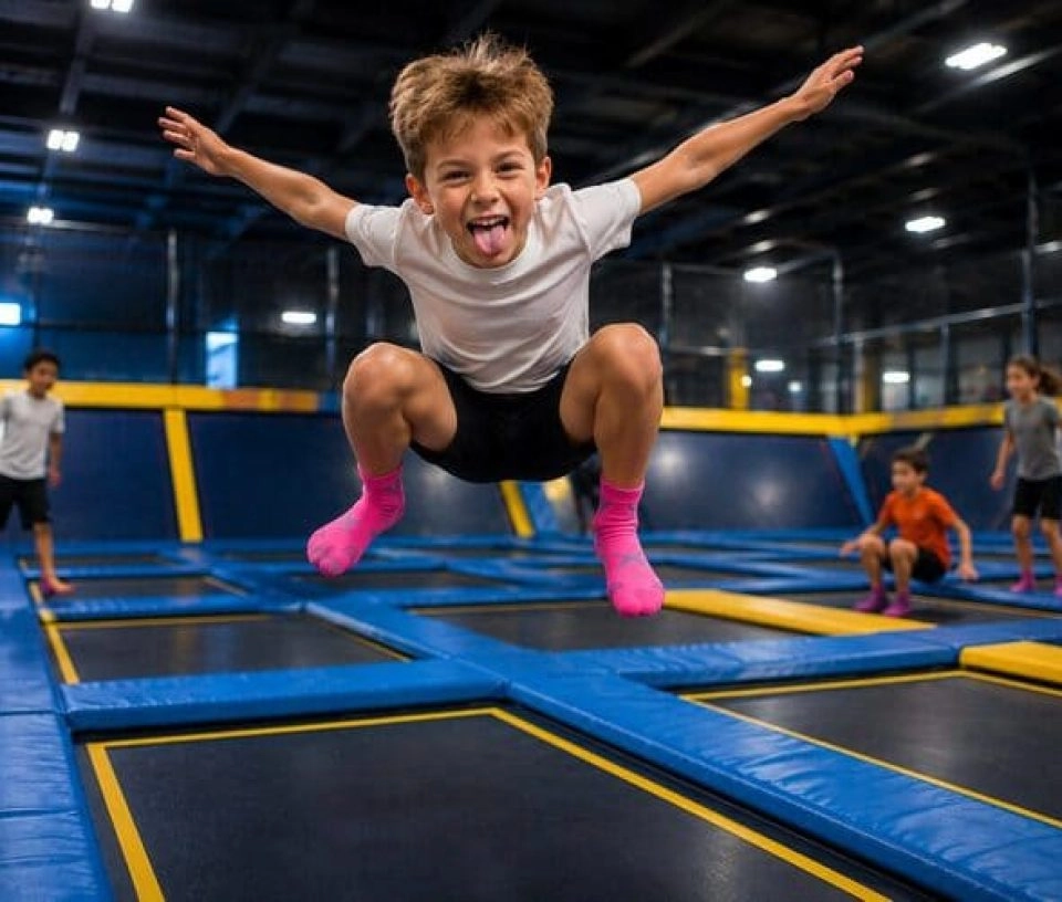 un petit garçon saute dans les airs et fait une grimace en faisant l'avion sur un trampoline park you jump