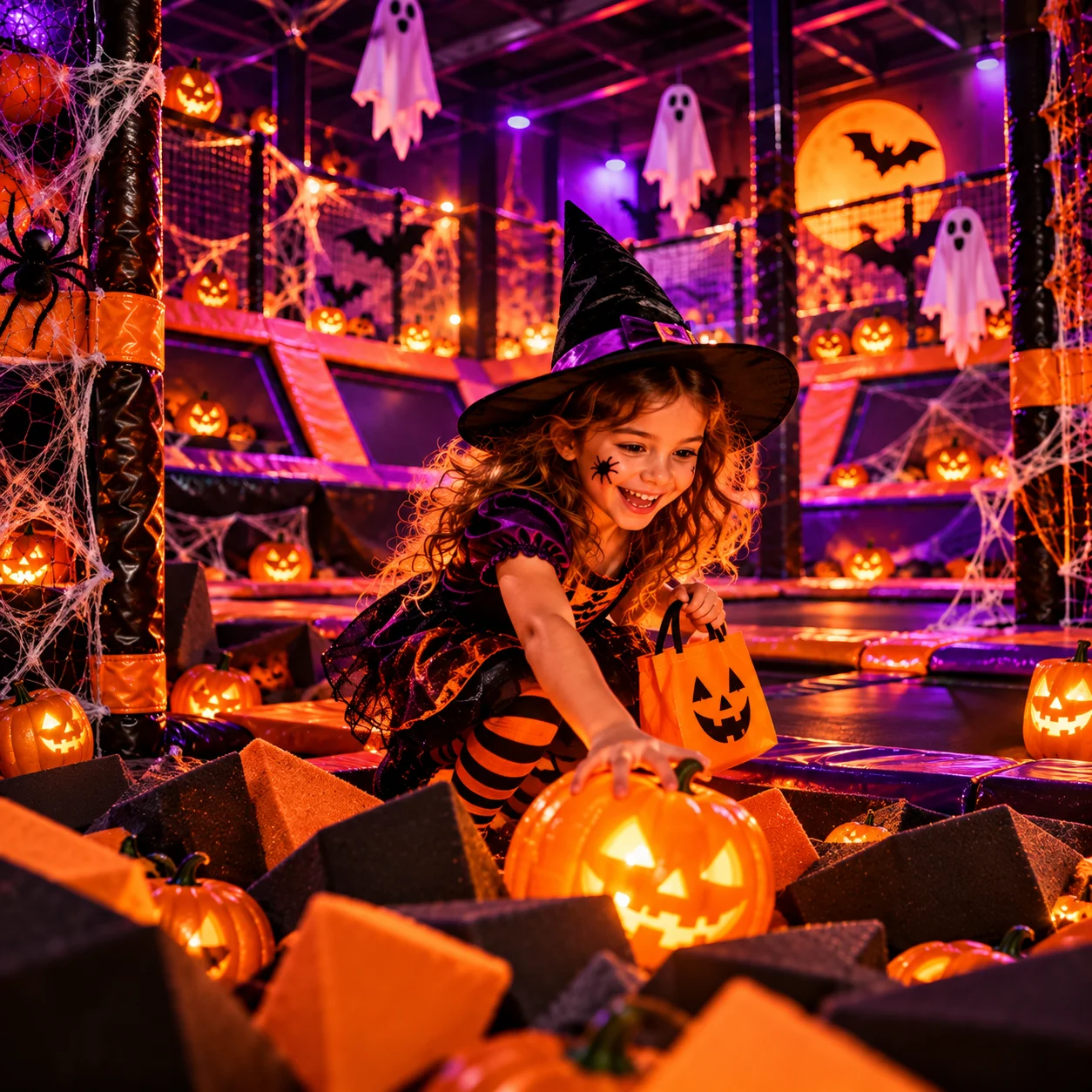 Une enfant déguisée en sorcière trouve une citrouille dans le trampoline park décoré pour Halloween