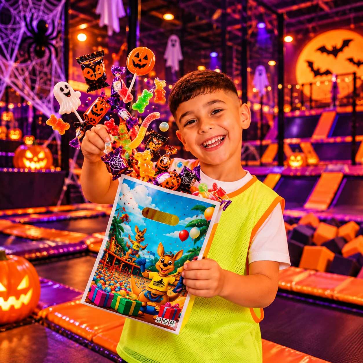 Un enfant présente sa pochette surprise remplie de bonbons et de petits cadeaux dans le parc décoré pour Halloween