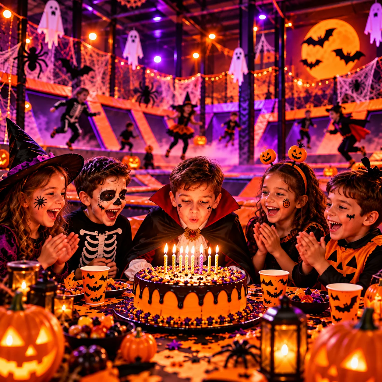 Un enfant souffle les bougies de son gâteau d’anniversaire avec ses copains déguisés, dans un trampoline park décoré pour Halloween