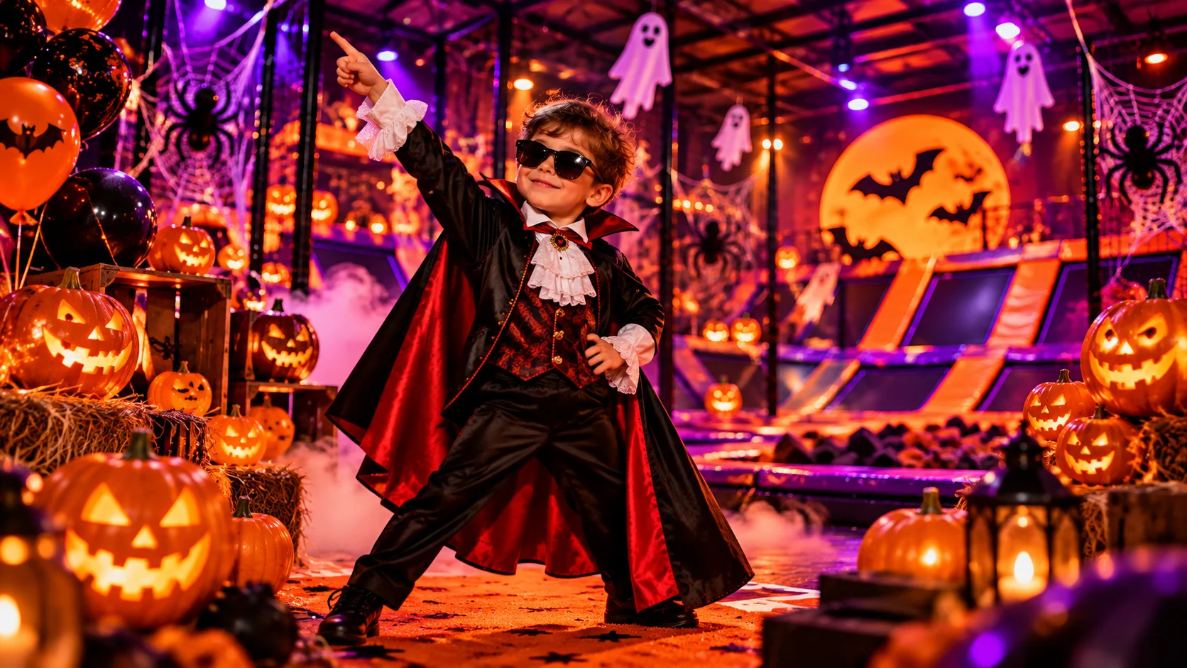 Un enfant en costume de vampire fait la fête dans un trampoline park décoré pour Halloween